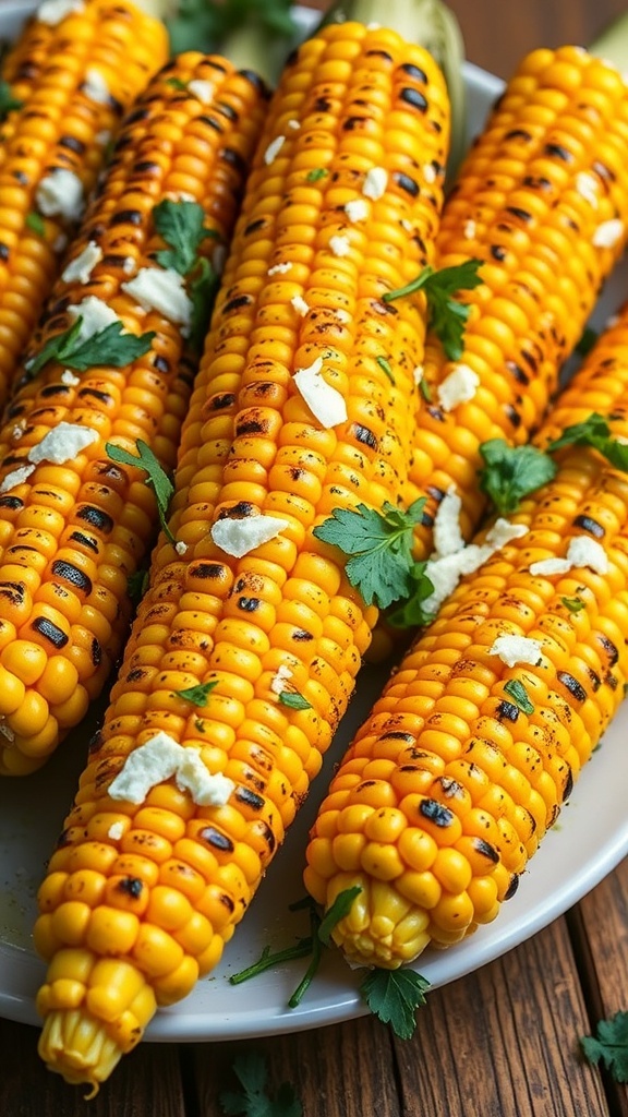 Grilled corn on the cob with charred grill marks, garnished with herbs and cheese on a wooden table.